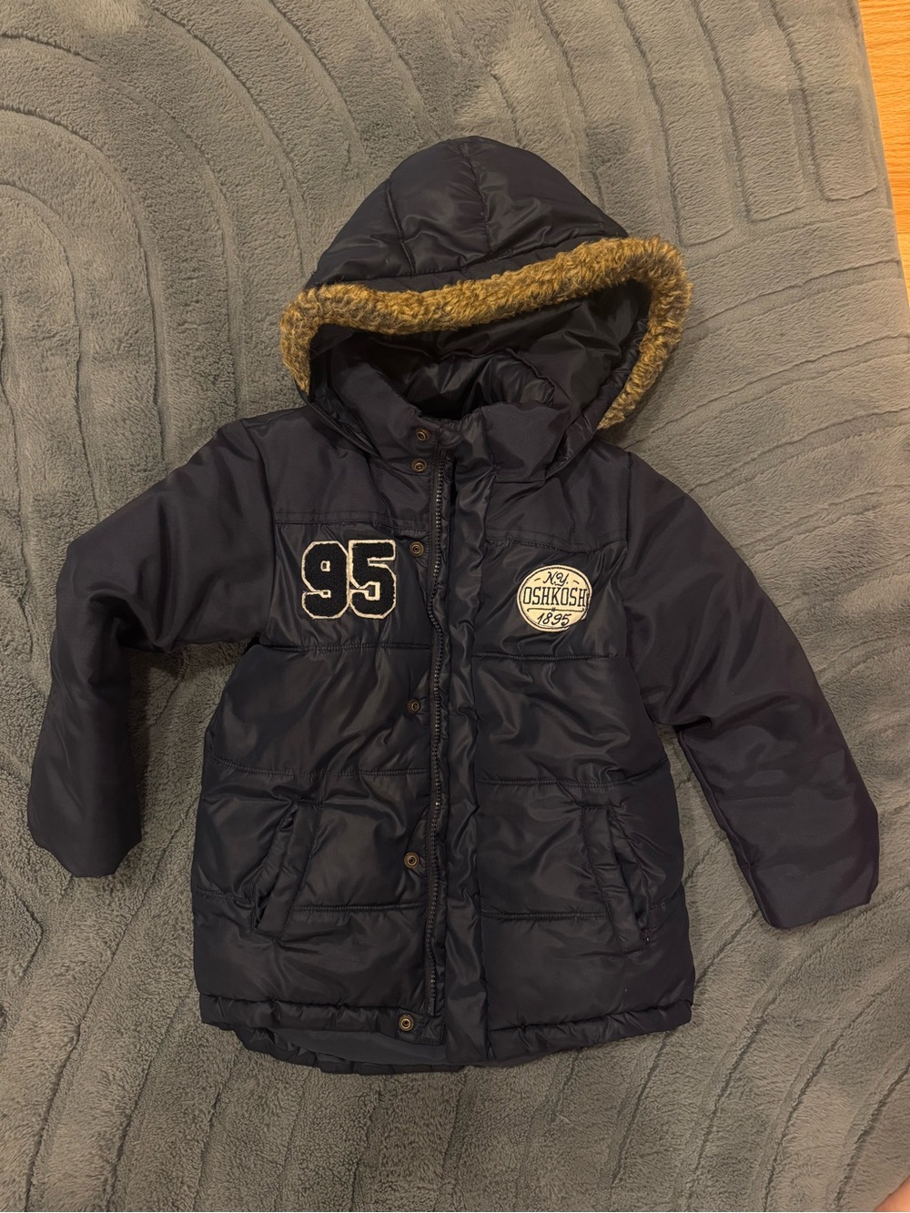 OshKosh B'gosh Dark Navy Hooded Puffer Jacket with Faux-Fur Trim